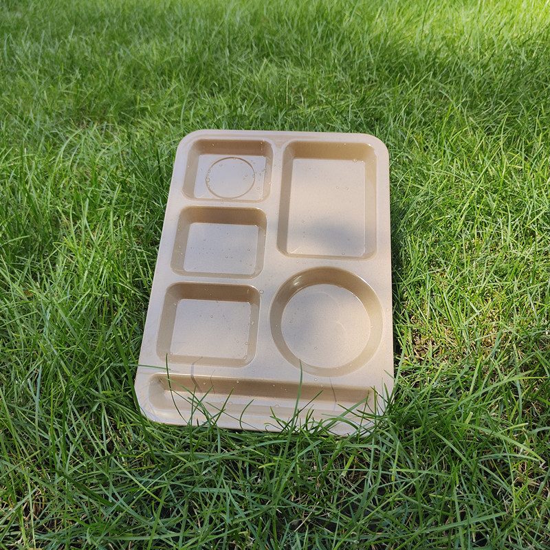Six-compartment rice husk tray in natural beige photographed on green grass