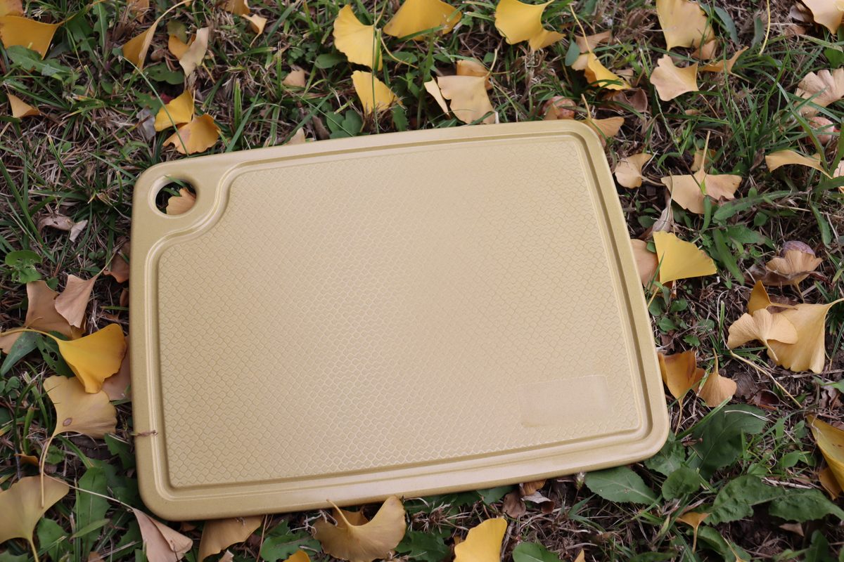 Beige rice husk chopping board outdoors among ginkgo leaves — natural-tone private label tableware with Pantone color matching