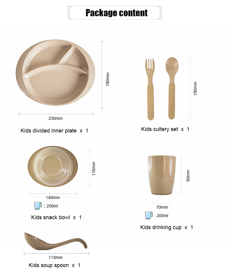 Package content diagram of the rice husk kids set — divided plate, cutlery set, snack bowl, drinking cup and soup spoon with dimensions